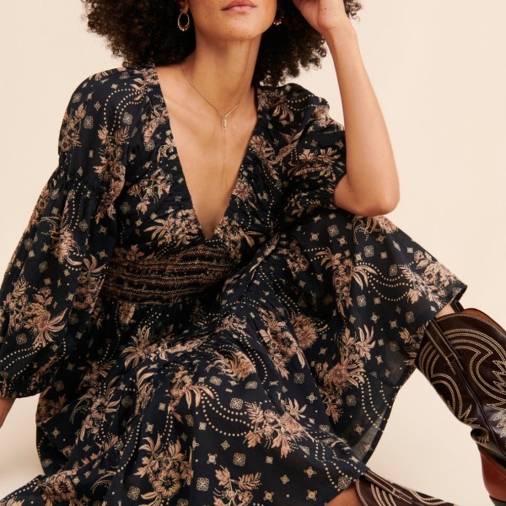 Free People Golden Hour Smocked Bodice Cotton Maxi Dress Women’s XS Black/Beige - Picture 3 of 15